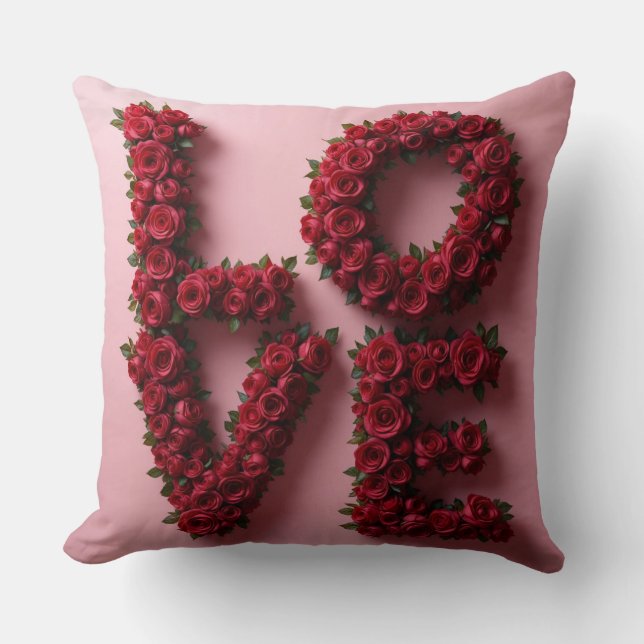 Almohada Floral de Rosa Roja Romántica 'AMOR' (Anverso)
