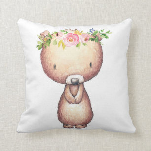 Almohada floral del chica del oso del arbolado de