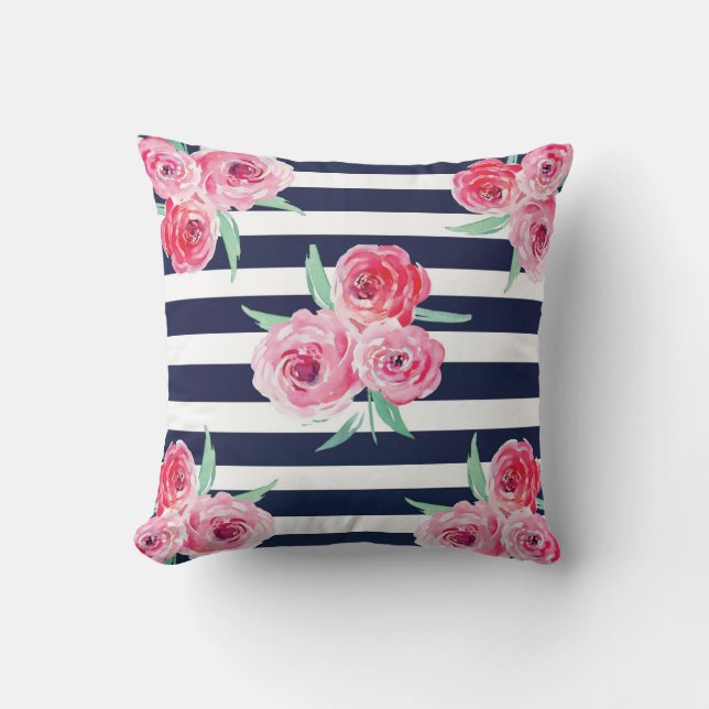 Almohada floral del rosa y de los azules marinos (Anverso)