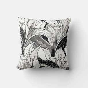 Almohada floral en blanco y negro Art Deco