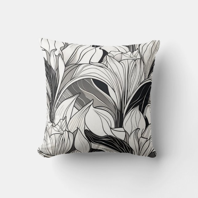 Almohada floral en blanco y negro Art Deco (Anverso)