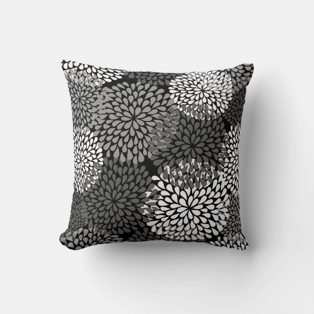 Almohada floral en blanco y negro - Crisantemo (Anverso)