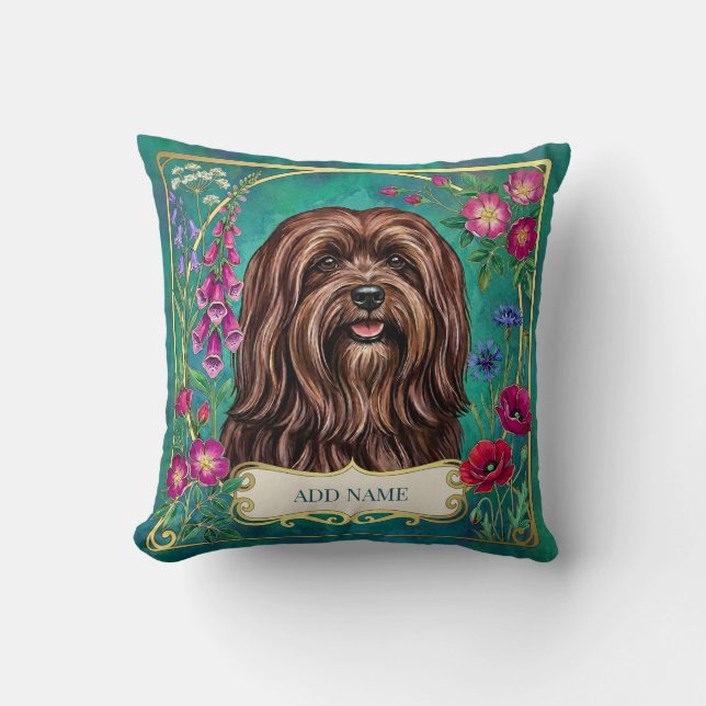 Almohada Floral Personalizada de Lhasa Apso Marrón (Anverso)