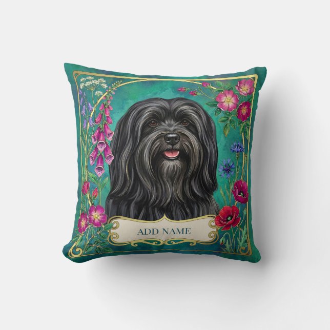 Almohada floral personalizada de Lhasa Apso negra (Anverso)