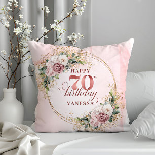 Almohada Floral Rosa Dorado 70 Cumpleaños 