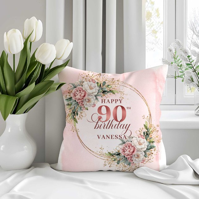 Almohada Floral Rosa Dorado Eucalipto Cumpleaños 9 (Rose Gold Eucalyptus Floral 90th Birthday Pillow)