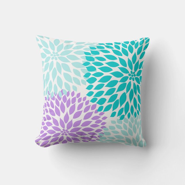 almohada floral turquesa morada Aqua Dahlia (Anverso)