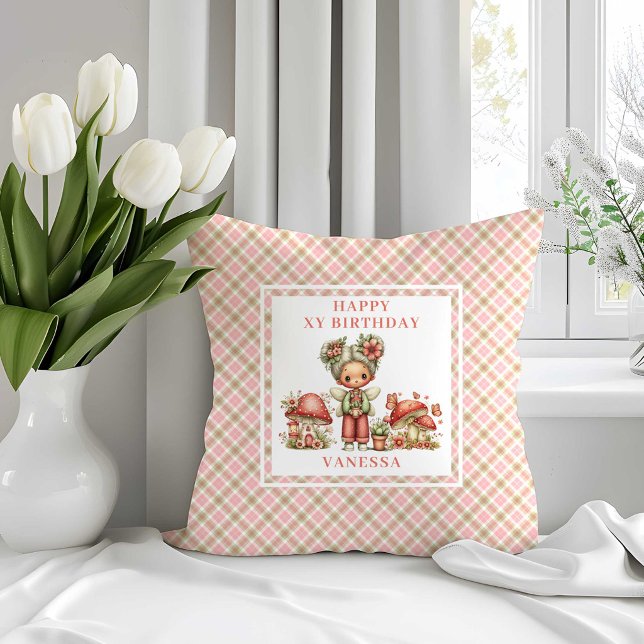 Almohada Flores Rosadas Cumpleaños 4 Whimsy Fairy (Whimsy Fairy 4th Birthday Blush Flowers Pillow)