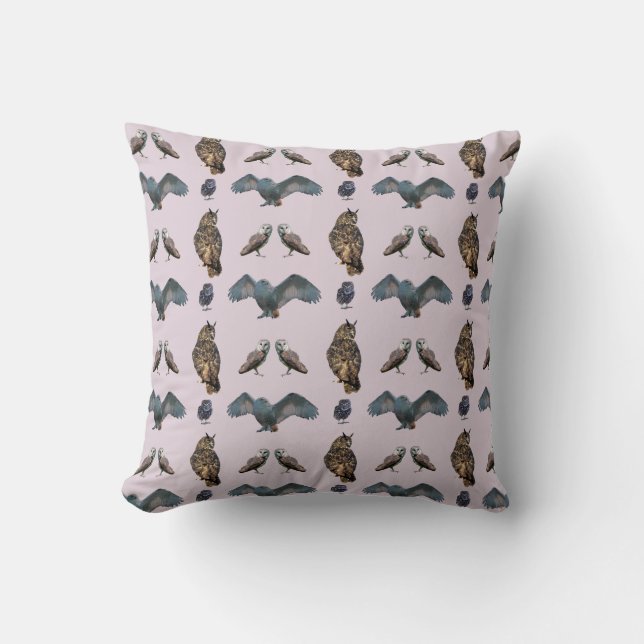 Almohada Frenesí de Búhos (Rosa Polvoriento) (Anverso)