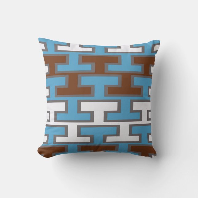 Almohada geométrica moderna azul, blanca y marrón (Anverso)