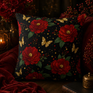 Almohada Glam Floral Rojo Rosas Mariposa Dorada