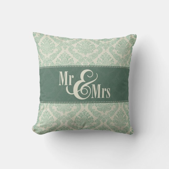 almohada Green Damask "Mr & Mrs", personalizada (Anverso)
