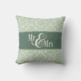 almohada Green Damask "Mr & Mrs", personalizada
