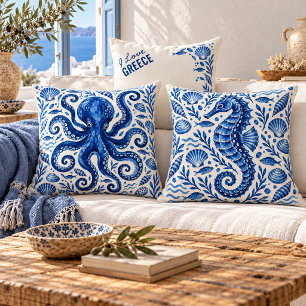 Almohada Griega de Caballo Marino Azul Costero