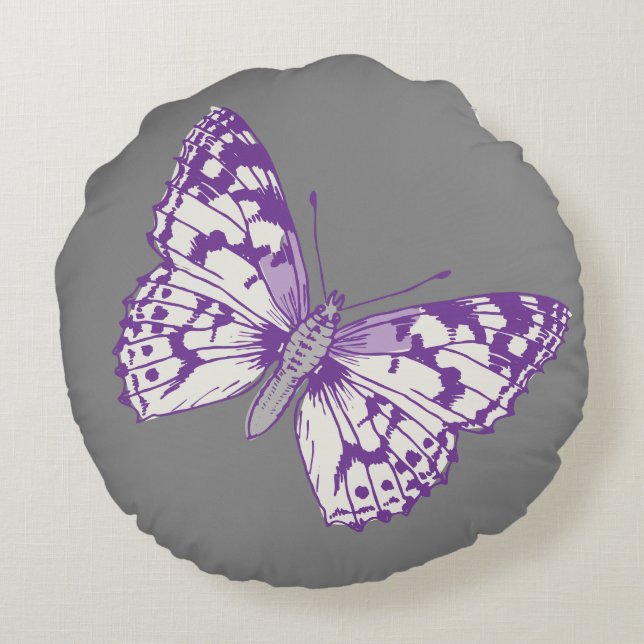 Almohada gris morada redonda con mariposas (Reverso)