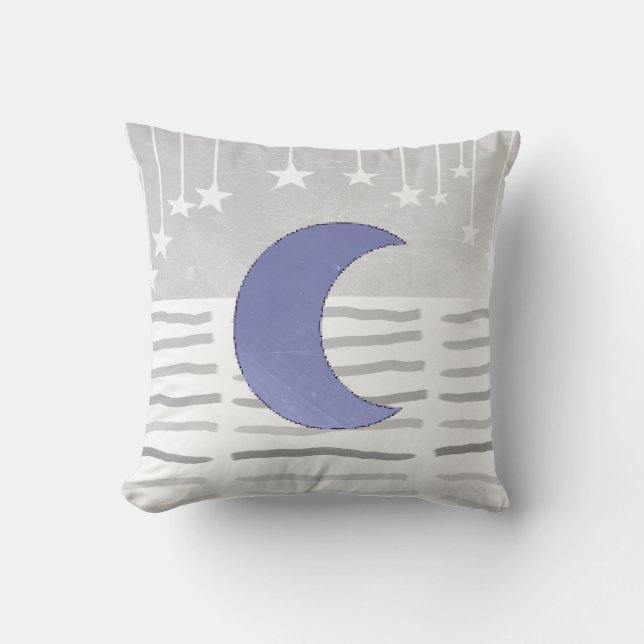 Almohada gris y azul de luna y estrellas (Anverso)