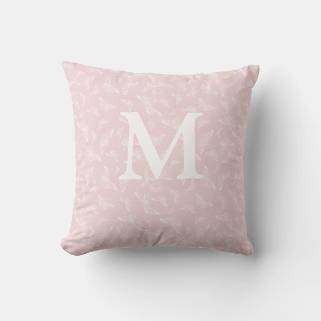 Almohada inicial de mariposa rosa y blanca (Anverso)
