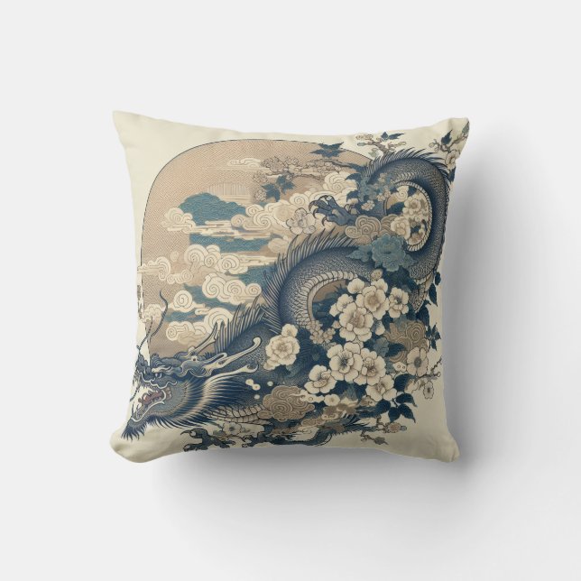 Almohada Japonesa de Dragón y Flor de Cerezo (Anverso)