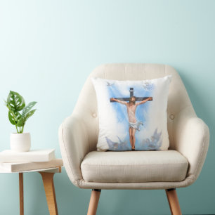 Almohada Jesús en cruz con pájaros