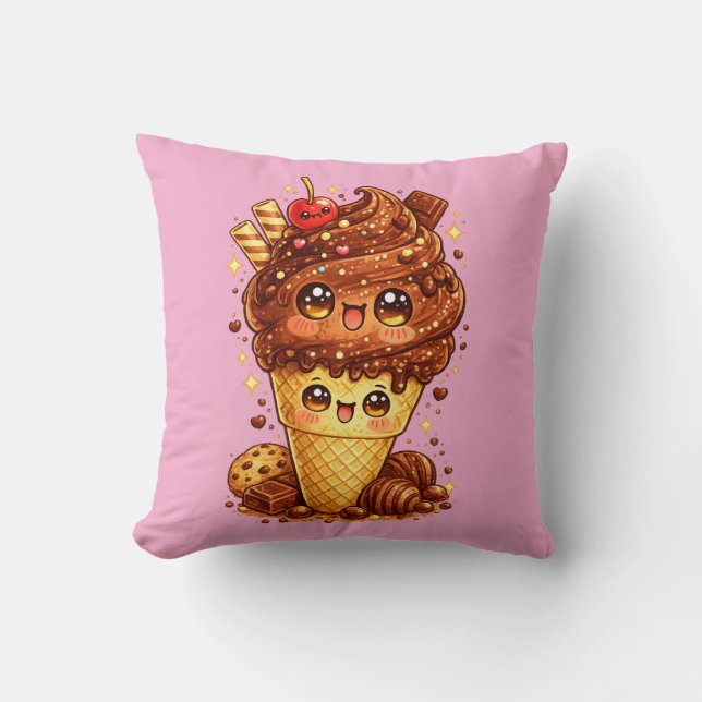 Almohada Kawaii de Cono de Helado de Chocolate (Anverso)