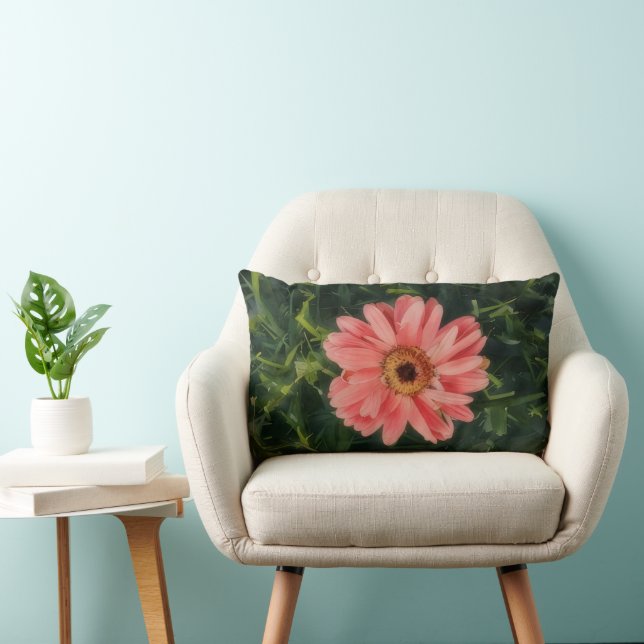 Almohada larga de arte de flor de Zinnia rosa (Silla)