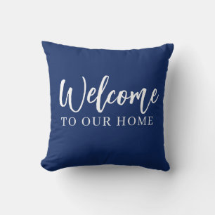 Almohada lumbar azul marino moderna "Bienvenidos a