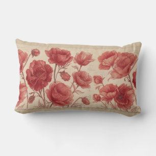 Almohada lumbar botánica de amapola roja antigua