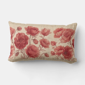 Almohada lumbar botánica de amapola roja antigua