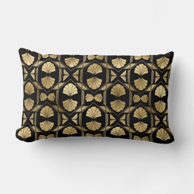 Almohada lumbar de abanico dorado y negro Art Deco (Anverso)