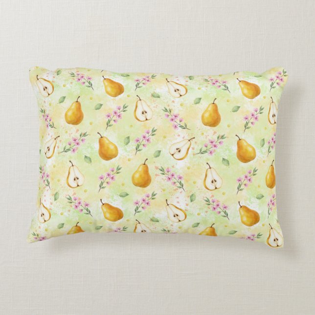 Almohada lumbar de acuarela Amarillo Pera y Floral (Reverso)