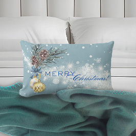 Almohada lumbar de adorno dorado de Navidad azul