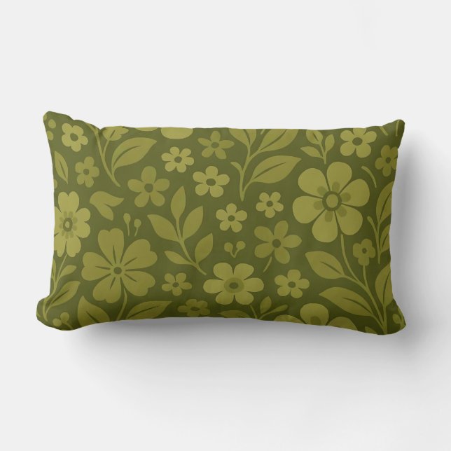 Almohada lumbar de flores retro en verde oliva (Anverso)