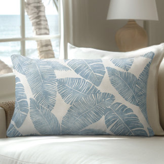 Almohada lumbar de hojas de palma azul y blanca