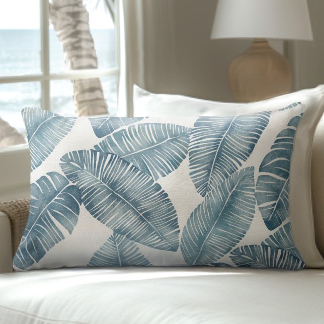 Almohada lumbar de hojas de palma azules y blancas (Subido por el creador)