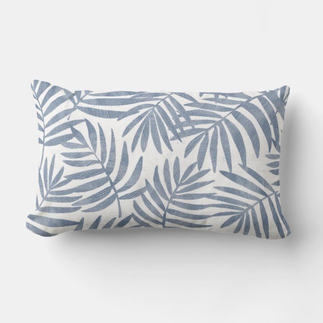 Almohada lumbar de hojas de palma azules y blancas (Anverso)