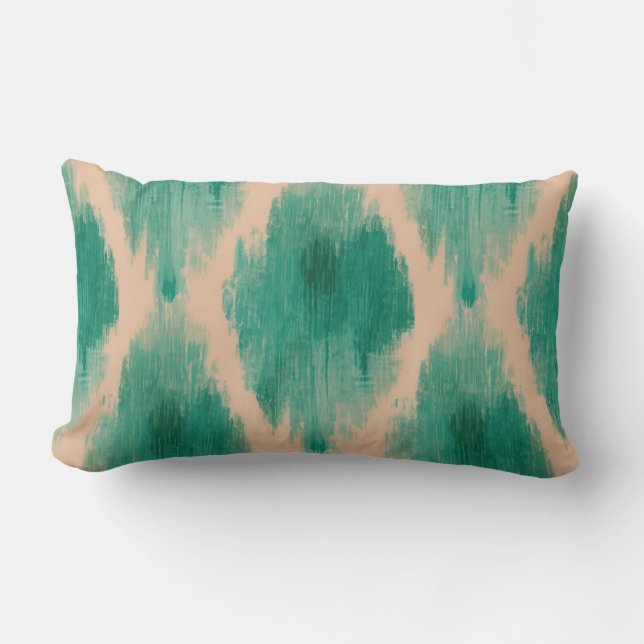 Almohada lumbar de Ikat moderna en azul turquesa | (Anverso)