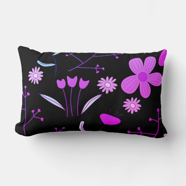 Almohada lumbar de impresión floral rosa y negra (Anverso)