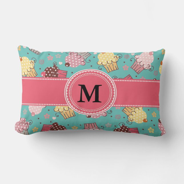 Almohada lumbar de magdalena rosa, turquesa y amar (Anverso)