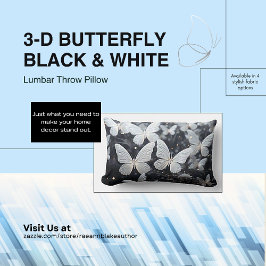 Almohada lumbar de mariposa en blanco y negro 3D