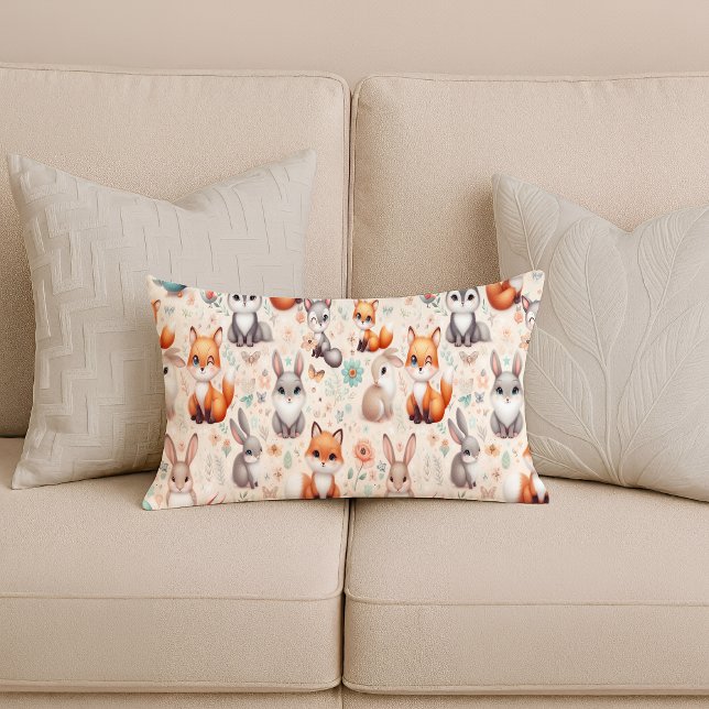 Almohada lumbar de nursery de zorro y conejo de bo (Woodland Fox Bunny Watercolor Nursery Lumbar Pillow)