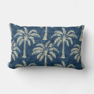 Almohada lumbar de palmeras Índigo azul y crema
