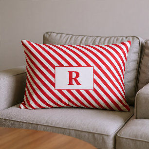 Almohada lumbar de rayas rojas y blancas con monog