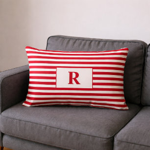 Almohada lumbar de rayas rojas y blancas monograma