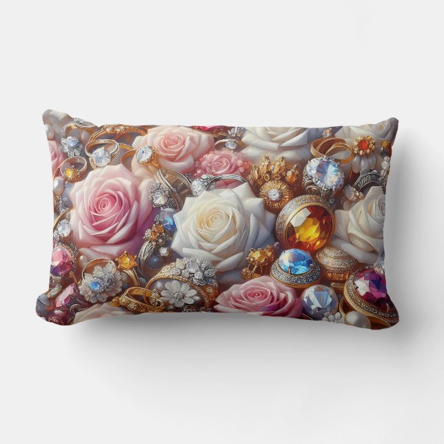 Almohada lumbar de rosas de lujo y joyas (Anverso)
