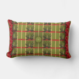 Almohada lumbar de tela verde rayada, con tejidos