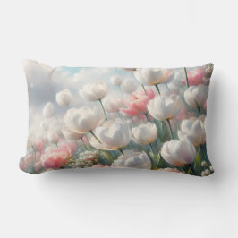 Almohada lumbar de tulipanes suaves rosados y blan