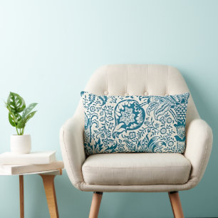 Almohada lumbar floral vintage azul y blanco de la