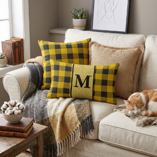 Almohada lumbar monograma de cuadros amarillos y n