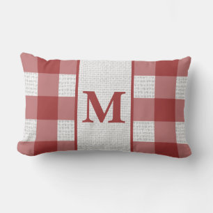 Almohada lumbar monograma de cuadros rojos y blanc