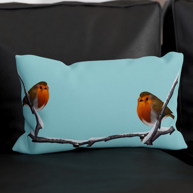 Almohada lumbar monogramada Robin Bird Light Teal (Double sided - more birds!)